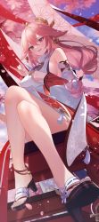 Rule 34 | 1girl, bare shoulders, blush, breasts, camunekoz, cherry blossoms, crossed legs, detached sleeves, earrings, fox shadow puppet, genshin impact, hair ornament, highres, jewelry, looking at viewer, medium breasts, nontraditional miko, pink hair, purple eyes, sideboob, sitting, sleeves past wrists, smile, solo, thighs, yae miko