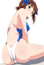 Rule 34 | 1girl, amami haruka, ass, back, blush, bow, breasts, brown hair, competition swimsuit, dimples of venus, embarrassed, from behind, green eyes, hair ribbon, highres, hip focus, idolmaster, idolmaster (classic), medium breasts, one-piece swimsuit, open mouth, parted lips, ribbon, sitting, solo, swimsuit, teeth, tengu (tetuo kun), thick thighs, thighs, wariza, wet