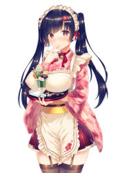 Rule 34 | 1girl, apron, bell, black hair, blush, brown eyes, brown skirt, cherry, closed mouth, cowboy shot, finger in own mouth, floral print, flower, food, frilled apron, frills, fruit, garter straps, hair flower, hair ornament, hairclip, highres, holding, holding tray, ice cream, japanese clothes, jingle bell, kimono, long hair, looking at viewer, maid, maid headdress, neck ribbon, obi, orange (fruit), original, pink kimono, pleated skirt, red flower, ribbon, sash, simple background, skirt, solo, suihei sen, sundae, tasting, thighhighs, tray, twintails, wa maid, wafer stick, white background, yagasuri