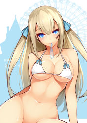Rule 34 | 10s, 1girl, absurdres, amagi brilliant park, bare shoulders, bikini, bikini top only, blonde hair, blue eyes, bottomless, breasts, collarbone, condom, condom in mouth, curvy, dean (momodean), groin, highres, large breasts, long hair, looking at viewer, mouth hold, navel, out-of-frame censoring, solo, swimsuit, sylphy (amaburi), two side up, used condom, white bikini, wide hips