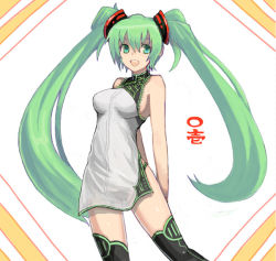 Rule 34 | arms behind back, bare shoulders, boots, china dress, chinese clothes, dress, green eyes, green hair, hair ornament, hatsune miku, kara (color), long hair, panties, see-through, simple background, smile, solo, thigh boots, thighhighs, twintails, underwear, very long hair, vocaloid