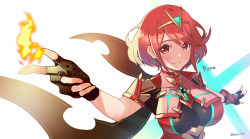 Rule 34 | 1girl, black gloves, breasts, chest jewel, earrings, fingerless gloves, gem, gloves, headpiece, hey cre, highres, jewelry, large breasts, pyra (xenoblade), red eyes, red hair, short hair, short shorts, shorts, solo, swept bangs, tiara, xenoblade chronicles (series), xenoblade chronicles 2