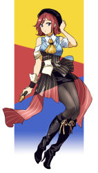 Rule 34 | 1girl, bad id, bad pixiv id, black footwear, black hat, black pantyhose, black skirt, blue eyes, boots, bow, clothing cutout, full body, hand on headwear, hat, high heel boots, high heels, highres, holding, kaname buccaneer, knee boots, looking at viewer, macross, macross delta, miniskirt, pantyhose, parted lips, pencil skirt, red hair, ribbon, shimatani azu, short hair, short sleeves, shoulder cutout, sitting, skirt, solo, striped, striped bow, wrist cuffs, yellow ribbon