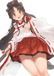 Rule 34 | 1girl, black hair, blush, brown eyes, fang, feet out of frame, hakama, hakama skirt, headgear, high ponytail, highres, holding, japanese clothes, kantai collection, long hair, nisshin (kancolle), open mouth, red hakama, ribbon-trimmed sleeves, ribbon trim, simple background, skirt, smile, solo, toka (marchlizard), very long hair, white background, wide sleeves