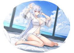 Rule 34 | 1girl, arms behind head, arms up, bare legs, barefoot, bed, breasts, bright pupils, choker, cleavage, closers, cloud, day, drawstring, dutch angle, feet, flower, front-tie top, hair between eyes, highres, large breasts, legs, light rays, long hair, looking at viewer, mirae (closers), navel, non-web source, ocean, official art, on bed, parted lips, pillow, red eyes, robe, short shorts, shorts, sitting, skindentation, solo, stomach, sunbeam, sunlight, thigh strap, thighs, toenails, toes, very long hair, wariza, white choker, white flower, white hair, white robe, white shorts, wide sleeves, window, wristband