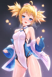 Rule 34 | 1girl, :d, ahoge, bare shoulders, blonde hair, blue eyes, blue jacket, blue one-piece swimsuit, blush, breasts, casual one-piece swimsuit, collarbone, commentary request, covered navel, cowboy shot, eyewear on head, fang, gluteal fold, goggles, goggles on head, gradient background, granblue fantasy, grey background, highres, jacket, leotard, long sleeves, looking at viewer, nose blush, off shoulder, one-piece swimsuit, open mouth, pengie, pinching sleeves, shiny skin, short hair, sleeves past wrists, small breasts, smile, solo, standing, star (symbol), starry background, steam, sweat, swimsuit, tomo (tmtm mf mf), twintails, white jacket, white one-piece swimsuit