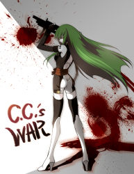 Rule 34 | 00s, bad id, bad pixiv id, black thighhighs, blood, boots, butt crack, c.c., code geass, creayus, elbow gloves, fingerless gloves, from behind, gloves, green hair, gun, knee boots, long hair, looking back, shorts, solo, submachine gun, tattoo, text focus, thighhighs, very long hair, weapon, wind, yellow eyes