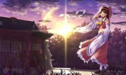 Rule 34 | 1girl, architecture, bad id, bad pixiv id, bare shoulders, bow, brown eyes, brown hair, building, cloud, detached sleeves, full body, gohei, hair bow, hair tubes, hakurei reimu, highres, holding, japanese clothes, lens flare, light rays, long sleeves, miko, outdoors, shrine, solo, standing, sun, sunlight, touhou, tree, twilight, veilrain, vest, watermark