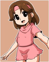 Rule 34 | 1girl, black eyes, brown hair, child, commentary request, dress, headband, hokuto no ken, lin (hokuto no ken), open mouth, outstretched arms, pink background, pink dress, pink headband, short dress, short hair, simple background, smile, solo, torn clothes, yuuya (blue scarab)