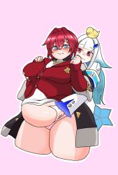 Rule 34 | 2girls, ange katrina, ange katrina (1st costume), animal, animal on head, armband, belly grab, big belly, blue eyes, blush, cardigan, closed mouth, commission, commissioner upload, cropped legs, dress, gami1130, grabbing, grabbing another&#039;s breast, grabbing from behind, hair intakes, highres, jewelry, lize helesta, lize helesta (1st costume), long hair, monocle, multicolored hair, multiple girls, necklace, nijisanji, non-web source, on head, panties, pink panties, red cardigan, red hair, sebastian piyodore, short hair, skeb commission, sleeves past wrists, triangle hair ornament, underwear, virtual youtuber, white dress, white hair