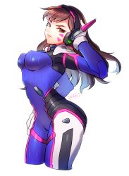 Rule 34 | 1girl, arched back, arm at side, artist name, blue bodysuit, bodysuit, breasts, brown eyes, brown hair, cowboy shot, d.va (overwatch), facepaint, facial mark, from side, hand on headphones, headphones, high collar, light smile, long hair, looking at viewer, looking to the side, medium breasts, overwatch, overwatch 1, pilot suit, poroi (poro586), ribbed bodysuit, shoulder pads, signature, simple background, skin tight, solo, swept bangs, whisker markings, white background