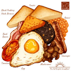 Rule 34 | artist logo, bacon, beans, bread, bread slice, egg (food), food, food focus, food name, fried egg, hash browns, highres, meat, mushroom, no humans, original, pudding, sausage, toast, tomato, yuki00yo
