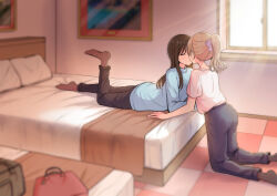Rule 34 | 2girls, bed, bedroom, betock, black socks, blonde hair, blue pants, blue sweater, blurry, blurry foreground, brown pants, closed eyes, commentary request, day, hair ribbon, highres, imminent kiss, indoors, kneeling, long hair, long sleeves, lying, multiple girls, on stomach, original, painting (object), pants, parted lips, pillow, ponytail, purple ribbon, ribbon, shirt, short sleeves, socks, sweater, white shirt, yuri