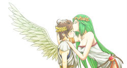 Rule 34 | 1boy, 1girl, angel, armlet, bare arms, bare shoulders, belt, blush, breasts, brown hair, circlet, couple, dress, closed eyes, feathered wings, kissing forehead, green hair, hair ornament, hand on another&#039;s head, hand on another&#039;s shoulder, headpiece, hetero, hug, jewelry, kid icarus, kid icarus uprising, kiss, leaning, leaning forward, long hair, neck, neck ring, nintendo, palutena, pit (kid icarus), saiba (henrietta), short hair, side slit, simple background, strapless, strapless dress, tiara, upper body, very long hair, white background, white dress, wings
