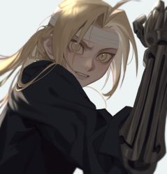 Rule 34 | 1boy, absurdres, angry, automail, bandaged head, bandages, black shirt, blonde hair, cbow, collared shirt, edward elric, floating hair, fullmetal alchemist, furrowed brow, grey background, hand up, highres, injury, long hair, long sleeves, looking afar, looking to the side, male focus, mechanical arms, parted bangs, parted lips, ponytail, shirt, simple background, single mechanical arm, solo, upper body, yellow eyes