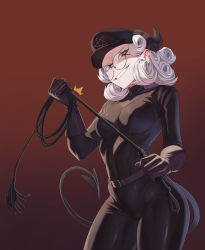 Rule 34 | 1girl, absurdres, belt, black headwear, breasts, curly hair, demon horns, demon tail, glasses, gloves, grin, helltaker, highres, horns, jdw, leather, leather gloves, leather pants, looking at viewer, pandemonica (helltaker), pants, pentagram, red eyes, skin tight, small breasts, smile, tail, whip, white hair