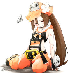 Rule 34 | 1girl, belt buckle, breasts, brown hair, buckle, chita (ketchup), crying, crying with eyes open, cuts, fingerless gloves, gloves, guilty gear, hat, highres, injury, long hair, may (guilty gear), orange eyes, pirate hat, ponytail, sailor collar, sitting, sleeveless, small breasts, solo, squiggle, tears, torn clothes, yokozuwari