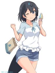 Rule 34 | 1girl, ;), absurdres, bag, bird tail, black hair, blouse, blue eyes, blue shirt, blue shorts, carrying, closed mouth, cowboy shot, denim, denim shorts, food, head wings, highres, holding, holding food, ice cream cone, kemono friends, looking at viewer, one eye closed, shiraha maru, shirt, shopping bag, short hair, short shorts, short sleeves, shorts, simple background, smile, solo, standing, superb bird-of-paradise (kemono friends), tail, twitter username, white background, wings
