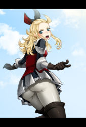 Rule 34 | 1girl, angry, armor, armored dress, artist request, ass, blonde hair, blue eyes, blush, boots, bow, bravely default: flying fairy, bravely default (series), breasts, edea lee, female focus, from behind, from below, gloves, hair bow, highres, long hair, looking at viewer, open mouth, pantyhose, pointing, sideboob, skirt, sky, solo, upskirt, white pantyhose
