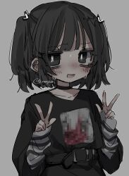 Rule 34 | 1girl, bags under eyes, belt, black belt, black choker, black eyes, black hair, black shirt, blush, bright pupils, censored, choker, collarbone, double w, ear piercing, furrowed brow, grey background, hair ribbon, hands up, highres, layered sleeves, long sleeves, looking at viewer, medium hair, mosaic censoring, nervous smile, oniyamakei, open mouth, original, piercing, print shirt, ribbon, shirt, short over long sleeves, short sleeves, simple background, smile, solo, striped sleeves, sweat, twitter username, two side up, upper body, w, white pupils