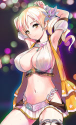 Rule 34 | 1girl, armlet, armpits, arms up, bikini, blonde hair, blurry, blush, bokeh, breasts, cleavage, depth of field, drill hair, flower, hair flower, hair ornament, highres, jewelry, jiji (aardvark), large breasts, long hair, magia record: mahou shoujo madoka magica gaiden, mahou shoujo madoka magica, necklace, smile, solo, sweat, swimsuit, thigh strap, tomoe mami, tomoe mami (swimsuit ver.), twin drills, wrist cuffs, yellow eyes