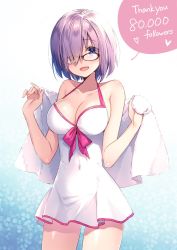 Rule 34 | 1girl, blue background, blush, bow, bow swimsuit, breasts, cleavage, collarbone, covered navel, dress, dress swimsuit, english text, fate/grand order, fate (series), glasses, hair over one eye, halterneck, heart, holding, holding towel, large breasts, looking at viewer, mash kyrielight, mash kyrielight (swimsuit of perpetual summer), masuishi kinoto, official alternate costume, one-piece swimsuit, open mouth, pink bow, pink hair, purple eyes, short hair, sleeveless, sleeveless dress, speech bubble, swimsuit, towel, upper body, white background, white one-piece swimsuit, white towel