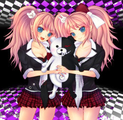 Rule 34 | 1mascot, 2girls, badge, bear hair ornament, blonde hair, blood, blood on ceiling, blood on ground, blood splatter, blue eyes, blush, bow, bra, breasts, button badge, buttons, checkered ceiling, checkered floor, choker, cleavage, closed mouth, collarbone, danganronpa: trigger happy havoc, danganronpa (series), enoshima junko, fake nails, fingernails, hair bow, hair ornament, head tilt, holding hands, ikusaba mukuro, incest, large breasts, legs, looking at viewer, matching outfits, medium breasts, monokuma, multicolored bow, multiple girls, nail polish, open mouth, patterned necktie, pink blood, plaid, plaid skirt, pleated skirt, polka dot, polka dot neckwear, rabbit hair ornament, red bow, red nails, red skirt, short sleeves, siblings, simple background, sisters, skirt, teeth, tongue, twincest, twins, two-tone neckwear, underwear, upper body, upper teeth only, white bow, wig, yuri