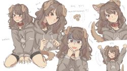 Rule 34 | 1girl, :d, animal collar, animal ears, bike shorts, brown eyes, brown hair, collar, commentary, dog, dog ears, dog girl, dog tail, english commentary, english text, full body, grey hoodie, highres, hood, hoodie, long hair, looking at viewer, messy hair, multiple views, mxine, open mouth, original, shaded face, sitting, smile, solo, tail, tearing up, upper body, wariza, white background