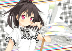 Rule 34 | 1girl, :o, adjusting hair, apron, art brush, black hair, blush, bow, fingernails, flat chest, hand in own hair, high collar, holding, kitsune (scaz), long fingernails, long hair, looking at viewer, open mouth, original, oversized object, paint stains, paintbrush, plaid, plaid background, ponytail, red eyes, shirt, solo, striped, striped background, upper body