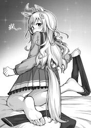 Rule 34 | 1girl, a4 (a4 eishi), ahoge, animal ears, barefoot, blush, clothing cutout, greyscale, highres, horse ears, horse girl, horse tail, kneeling, long hair, long sleeves, looking at viewer, looking back, monochrome, neo universe (umamusume), on bed, pleated skirt, shirt, skirt, squeans, solo, tail, tail through clothes, toes, umamusume, undressing, unworn thighhighs