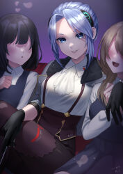 Rule 34 | 3girls, absurdres, ascot, black hair, blue eyes, blue hair, blush, brown hair, collared shirt, crossed legs, faceless, faceless female, falling petals, gloves, hanamura shiki, hand on own chest, hand on own leg, heaven burns red, highres, jacket, jacket on shoulders, long hair, looking at viewer, multiple girls, nil (pixiv 53614557), open mouth, parted bangs, petals, shirt, shirt tucked in, sitting, skirt, smile, suspenders