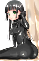 Rule 34 | 10s, 1girl, ass, black hair, bodysuit, breasts, covered erect nipples, flying witch, green eyes, highres, kowata makoto, latex, latex bodysuit, latex suit, long hair, medium breasts, naka (cheeseyeast), skin tight, solo