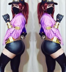 Rule 34 | 1boy, akali, akali (cosplay), androgynous, ass, ass focus, back, baseball cap, butt crack, cosplay, curvy, darkwaifutrap, gloves, hat, huge ass, k/da (league of legends), k/da akali, league of legends, long hair, looking at viewer, looking to the side, mask, mirror image, mouth mask, photo (medium), ponytail, purple hair, solo, standing, trap
