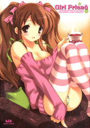Rule 34 | 00s, 1girl, asahina mikuru, bare shoulders, breasts, cleavage, cup, detached sleeves, elbow gloves, gloves, hair ribbon, highres, large breasts, mole, mole on breast, official alternate hairstyle, panties, pantyshot, ribbon, satomi hinako, solo, striped clothes, striped panties, striped thighhighs, suzumiya haruhi no yuuutsu, thighhighs, twintails, underwear