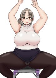 Rule 34 | 1girl, absurdres, armpits, arms up, black skirt, blush, breasts, brown eyes, clothes lift, formal, glasses, highres, kaki paenuts, large breasts, long hair, miniskirt, open mouth, original, panties, panties under pantyhose, pantyhose, pantyshot, pencil skirt, plump, silver hair, sitting, skirt, skirt lift, skirt suit, solo, spread legs, suit, sweat, thick thighs, thighs, underwear, white background