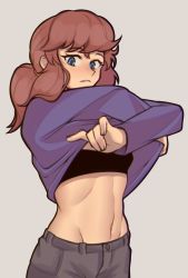 Rule 34 | 1girl, a hat in time, alternate costume, black bra, black sports bra, blue eyes, bra, brown hair, clothes lift, fujimna, hat kid, highres, looking at viewer, navel, aged up, shirt lift, short hair, short ponytail, solo, sports bra, toned, underwear