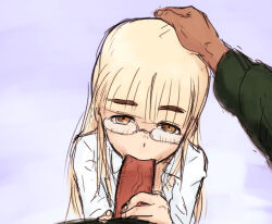 Rule 34 | 1boy, 1girl, blonde hair, blush, fellatio, glasses, hand on another&#039;s head, hetero, long hair, oral, perrine h. clostermann, pov, shiri chin, shirt, simple background, sketch, strike witches, upper body, white shirt, world witches series, yellow eyes
