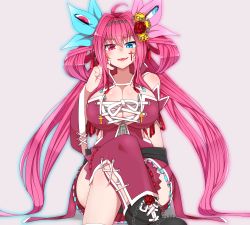 Rule 34 | ahoge, black footwear, blue eyes, blue nails, blush, boots, borrowed character, breasts, cleavage, fang, hair intakes, heterochromia, highres, large breasts, long hair, looking at viewer, nail polish, negationtenmaru, open mouth, original, pink hair, pink nails, red eyes, skin fang, smile, solo, tongue, twintails, very long hair