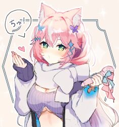 Rule 34 | 1girl, animal ear fluff, animal ears, blowing kiss, blue nails, blush, breasts, cat ears, cleavage, enpera, green eyes, gyuentec, heart, highres, holding, holding microphone, jacket, large breasts, long hair, long sleeves, medium breasts, microphone, nijisanji, nijisanji kr, official alternate costume, open clothes, open jacket, pink hair, purple nails, scarf, solo, two side up, underboob, virtual youtuber, white scarf, yang nari, yang nari (2nd costume)