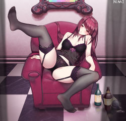 Rule 34 | 1girl, absurdres, alcohol, black bra, black panties, black thighhighs, bottle, bra, breasts, couch, curtains, fate/grand order, fate (series), feet, feet up, garter belt, garter straps, hair intakes, highres, lace, lace-trimmed bra, lace-trimmed legwear, lace-trimmed panties, lace trim, large breasts, leg up, lingerie, long hair, navel, ninai, no shoes, panties, purple hair, red eyes, scathach (fate), see-through, soles, split, spread legs, thighhighs, underwear, wine, wine bottle