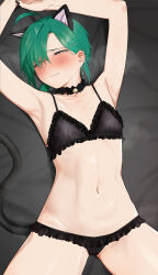 Rule 34 | 1girl, ahoge, animal ears, armpits, arms up, averting eyes, bell, black choker, black nails, bow, bow panties, bra, cameltoe, cat ears, cat tail, choker, earrings, flat chest, frilled bra, frilled choker, frilled panties, frills, gamarenji, green hair, hair over one eye, highres, jewelry, jingle bell, lying, navel, neck bell, nijisanji, on back, panties, parted bangs, purple eyes, ryuushen, short hair, solo, spread legs, stomach, swat, sweat, tail, underwear, underwear only, virtual youtuber