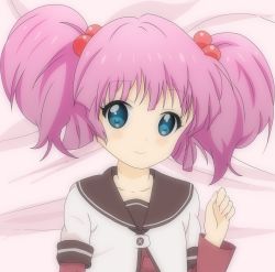Rule 34 | 1girl, arm up, bed, bed sheet, blue eyes, blush, commentary request, fingernails, hair bobbles, hair ornament, happy, highres, looking at viewer, lying, nail polish, on back, on bed, orinal kou, pink hair, pink nails, school uniform, serafuku, short twintails, smile, solo, twintails, yoshikawa chinatsu, yuru yuri