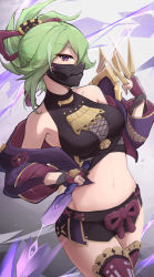 Rule 34 | 1girl, absurdres, bare shoulders, between fingers, black shorts, breasts, cleavage, crop top, cropped jacket, dual wielding, dutch angle, fishnet top, fishnets, genshin impact, gloves, green hair, hair ornament, highres, holding, holding knife, kanotype, knife, kuki shinobu, kunai, mask, medium breasts, midriff, mouth mask, navel, ninja, ninja mask, off shoulder, partially fingerless gloves, purple eyes, rope, shimenawa, short ponytail, short shorts, shorts, solo, stomach, thighhighs, thighs, weapon
