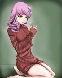 Rule 34 | 10s, 1girl, absurdres, barefoot, dress, drill hair, hbz, highres, katawa shoujo, kneeling, long hair, mikado shiina, naked sweater, pink hair, ribbed sweater, solo, sweater, sweater dress, translation request, twin drills, yellow eyes