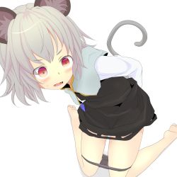 Rule 34 | 1girl, animal ears, arms behind back, barefoot, blush, capelet, commentary request, dress, gem, grey dress, grey hair, grey panties, hand under clothes, hand under skirt, highres, ishikkoro, jewelry, kneeling, long sleeves, mouse ears, mouse tail, nazrin, necklace, open mouth, panties, panty pull, pendant, pink eyes, shirt, simple background, solo, tail, touhou, underwear, white background
