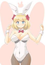 Rule 34 | 1girl, alice margatroid, animal ears, arnest, bare shoulders, black pantyhose, blonde hair, blue eyes, bow, bowtie, breasts, cleavage, covered navel, detached collar, fake animal ears, hair bow, highres, large breasts, leotard, looking at viewer, multiple hair bows, pantyhose, plaid, plaid bow, plaid bowtie, plaid hair ornament, playboy bunny, rabbit ears, short hair, smile, strapless, strapless leotard, touhou, white leotard, wrist cuffs