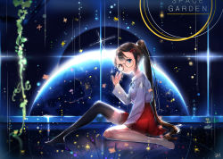 Rule 34 | bad id, bad pixiv id, barefoot, black hair, black thighhighs, blue eyes, earth (planet), glasses, hair ornament, hairclip, heterochromia, highres, long sleeves, looking at viewer, original, planet, ponytail, porch5681, red eyes, red skirt, sitting, skirt, thighhighs