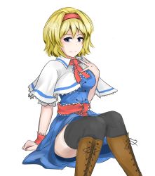 Rule 34 | 1girl, alice margatroid, arm at side, black thighhighs, blonde hair, blue dress, blue eyes, boots, brown footwear, buttons, capelet, closed mouth, cross-laced footwear, dress, hairband, hand on own chest, highres, knee boots, looking at viewer, necktie, pan-ooh, red necktie, ribbon, short hair, short sleeves, simple background, smile, solo, thighhighs, thighs, touhou, white background, zettai ryouiki