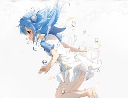 Rule 34 | 1girl, air bubble, barefoot, blue hair, brown eyes, bubble, cg (2686805355), closed mouth, dress, hair ornament, highres, legs together, long hair, original, profile, short sleeves, sidelocks, smile, solo, underwater, white dress