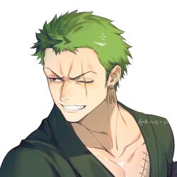 Rule 34 | 1boy, armband, artist name, black armband, black eyes, clenched teeth, coat, collarbone, colored skin, dated, earrings, furrowed brow, green coat, green eyes, highres, jewelry, jyukawa, looking to the side, male focus, one eye closed, one piece, pectoral cleavage, pectorals, portrait, roronoa zoro, scar, scar across eye, scar on chest, scar on face, short hair, simple background, single earring, smile, solo, teeth, v-shaped eyebrows, white background, white skin